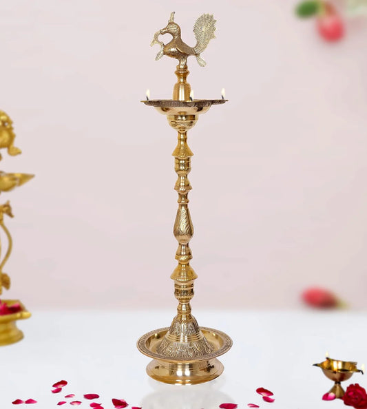 Brassaura® Brass Oil Lamp Diya Stand with Peacock Design | Traditional Brass Finish | Height 42 Inches