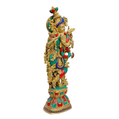 Brassaura® Brass Flute Krishna Statue with Turquoise Handwork | Height 29 Inches