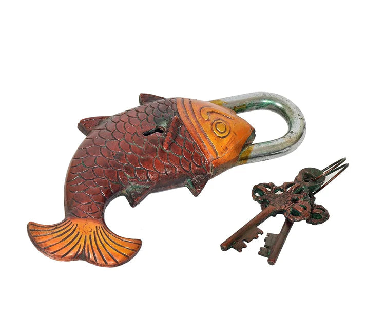 Brassaura® Fish Shape Brass Door Lock | Multicolor Handcrafted Finish | Height 7 Inches