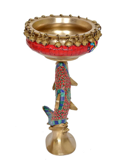 Brassaura® Brass Urli Bowl on Fish Design | Multicolor Stone Work Floating Bowl Décor | Height 11 Inches