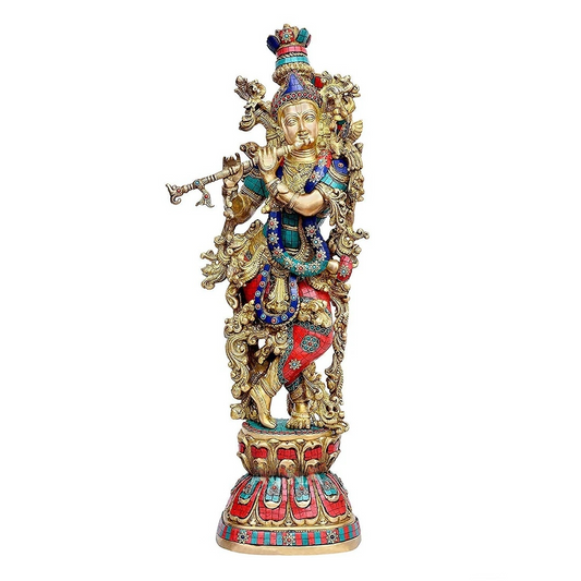 Brassaura® Brass Krishna Idol | 29 Inch Large Brass Statue | Handcrafted Divine Murti for Home & Temple
