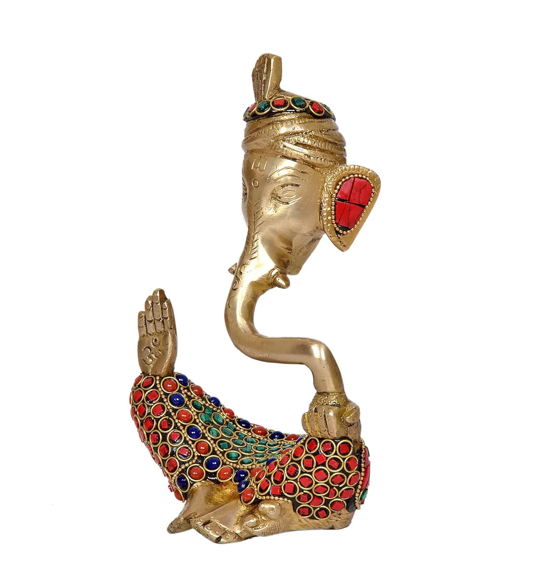 Brassaura® Modern Ganesha Safa Brass Idol with Stone Work | Decorative Spiritual Showpiece | Height 7 Inches