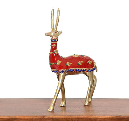 Brassaura® Multicolor Brass Deer Statue | Handcrafted Decorative Deer Showpiece | Height 9 Inches & Weight 800 gms