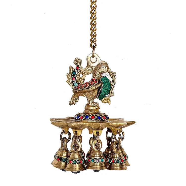 Brassaura® Brass Hanging Peacock 9 Diya Pair | Height 6 Inches