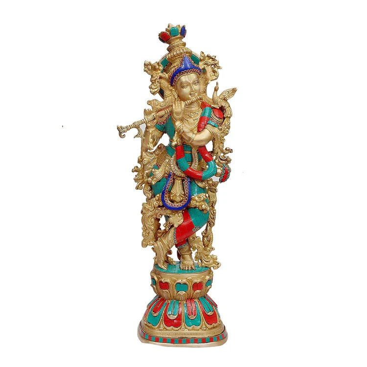 Brassaura® Brass Flute Krishna Statue with Turquoise Handwork | Height 29 Inches