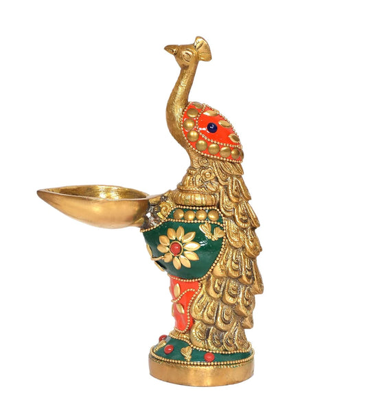 Brassaura® Brass Peacock Diya Statue | Height 7 Inches | Multicolor Oil Lamp Showpiece for Home & Office