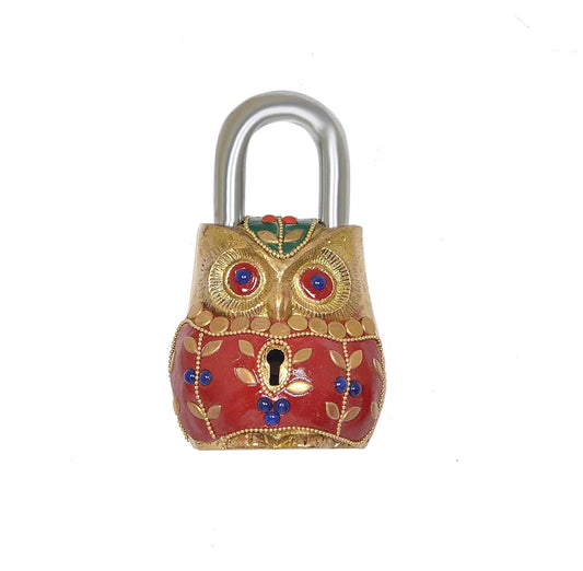 Brassaura® Owl Shape Brass Door Lock with Meenakari Work | Height 4.5 Inches