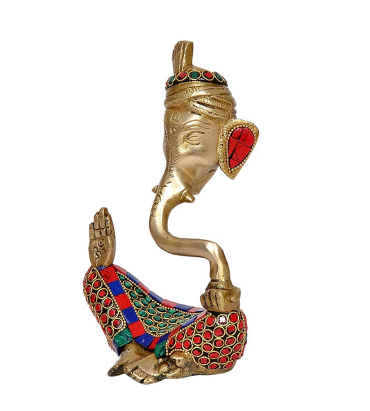 Brassaura® Modern Ganesha Safa Brass Idol with Stone Work | Decorative Spiritual Showpiece | Height 7 Inches