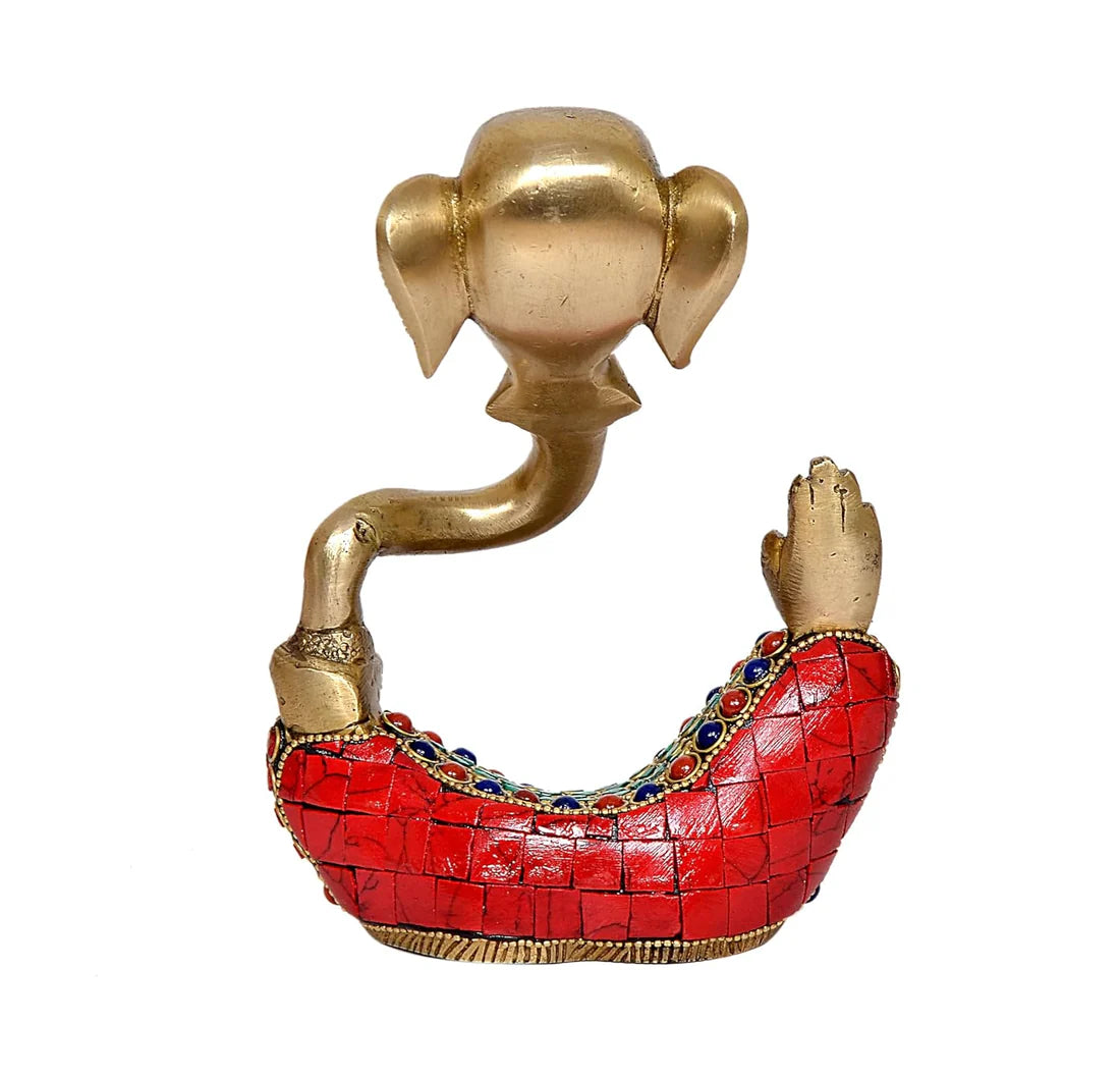 Brassaura® Modern Ganesha Brass Idol with Stone Work | Decorative Spiritual Showpiece | Height 6 Inches