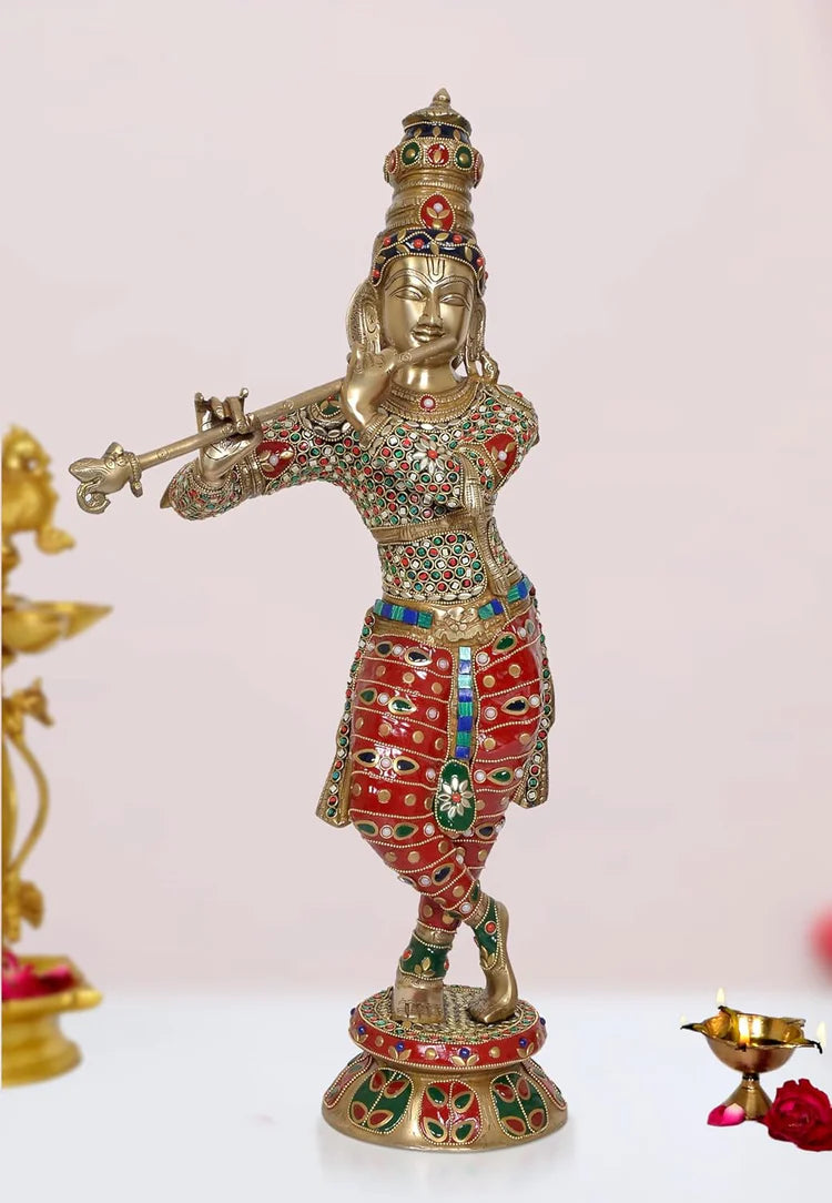 ब्रासोरा® वृंदावन वेणुगोपाल कृष्ण पीतल की प्रतिमा मोर के साथ | एंटीक नीला और सुनहरा रंग | ऊँचाई 20 इंच