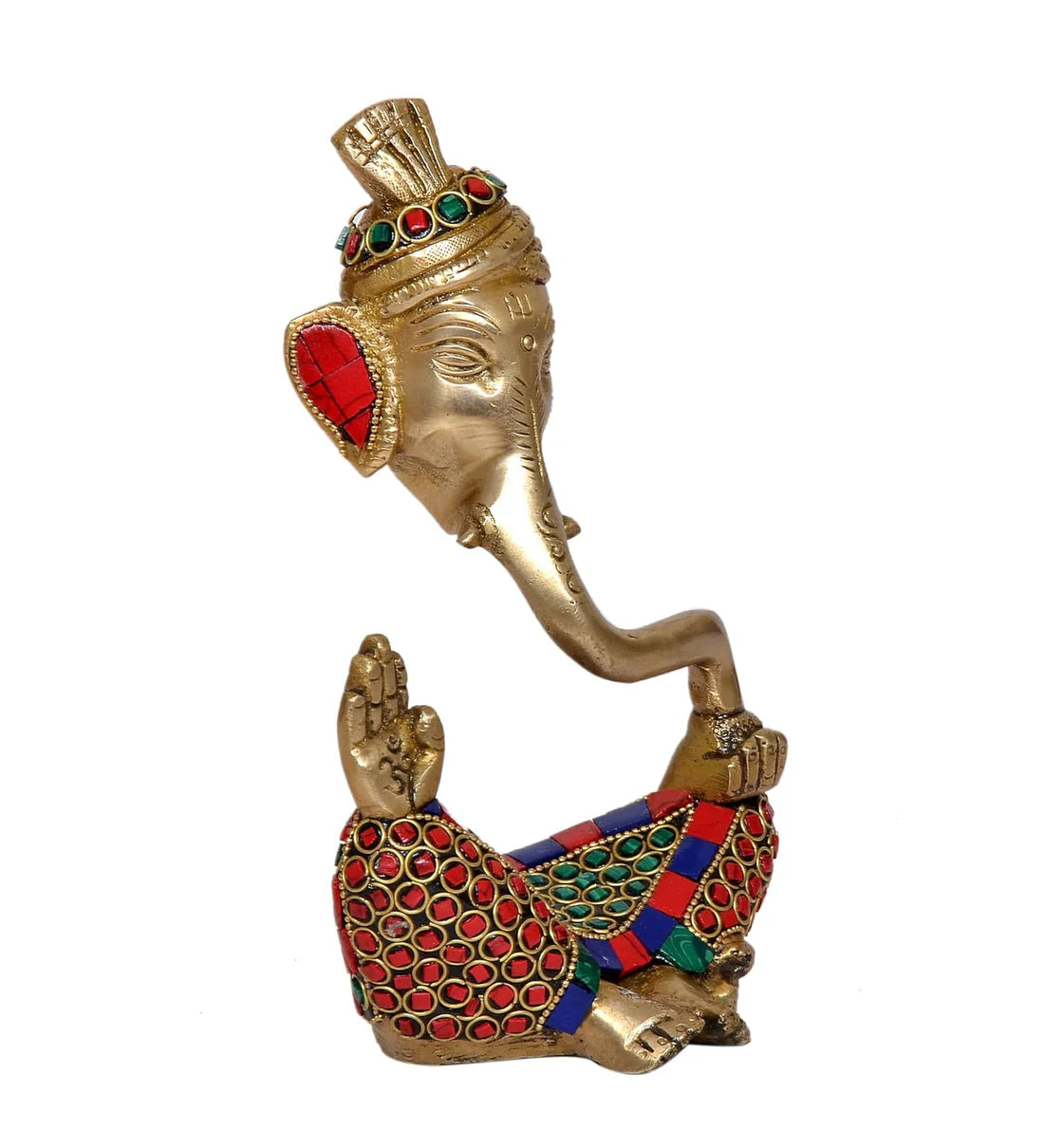 Brassaura® Modern Ganesha Safa Brass Idol with Stone Work | Decorative Spiritual Showpiece | Height 7 Inches