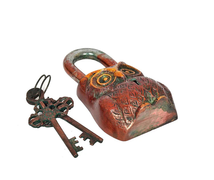 Brassaura® Owl Shape Brass Door Lock | Multicolor Handcrafted Finish | Height 4.5 Inches