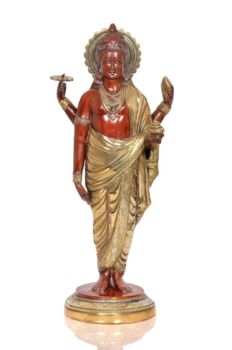 ब्रासोरा® वृंदावन वेणुगोपाल कृष्ण पीतल की प्रतिमा मोर के साथ | एंटीक नीला और सुनहरा रंग | ऊँचाई 20 इंच