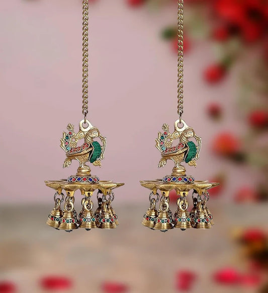Brassaura® Brass Hanging Peacock 9 Diya Pair | Height 6 Inches