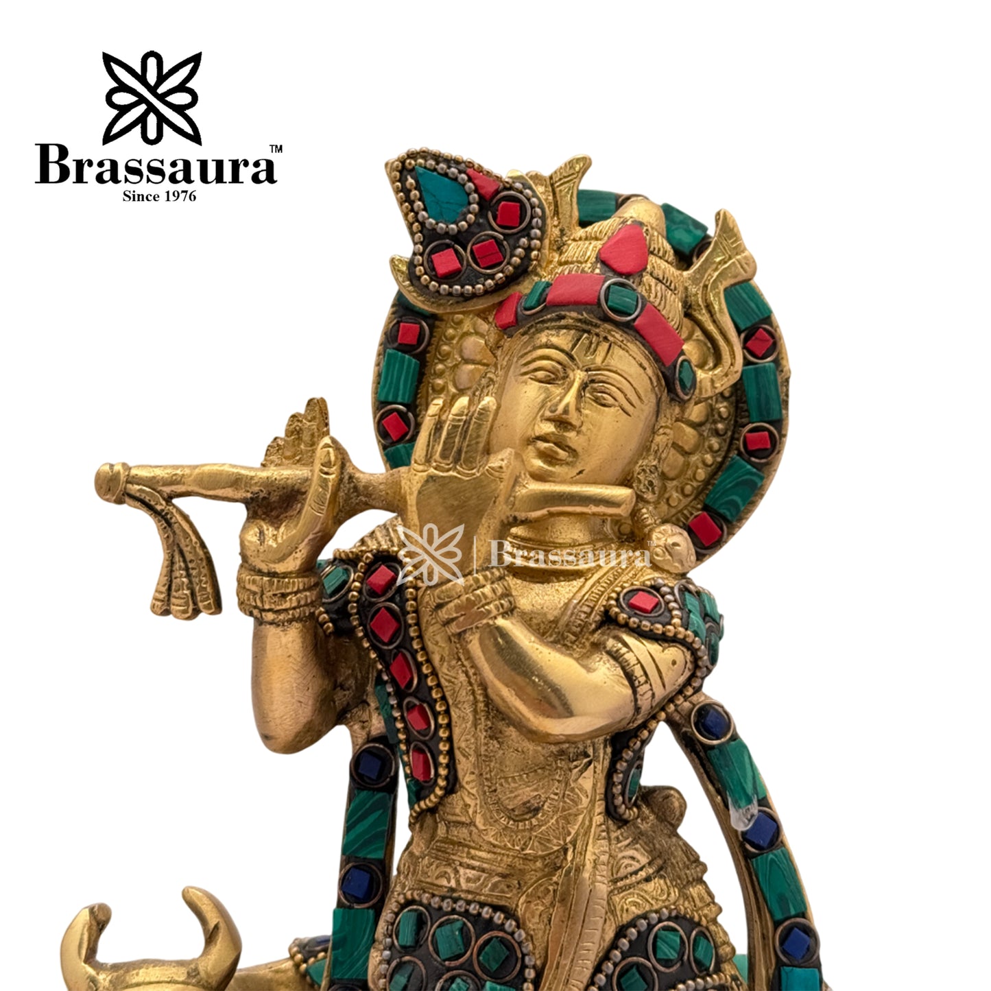 Brass Gem Stone Work Cow with Krishna Idol for Home and Decor Weight 3 Kg Height 25 cm