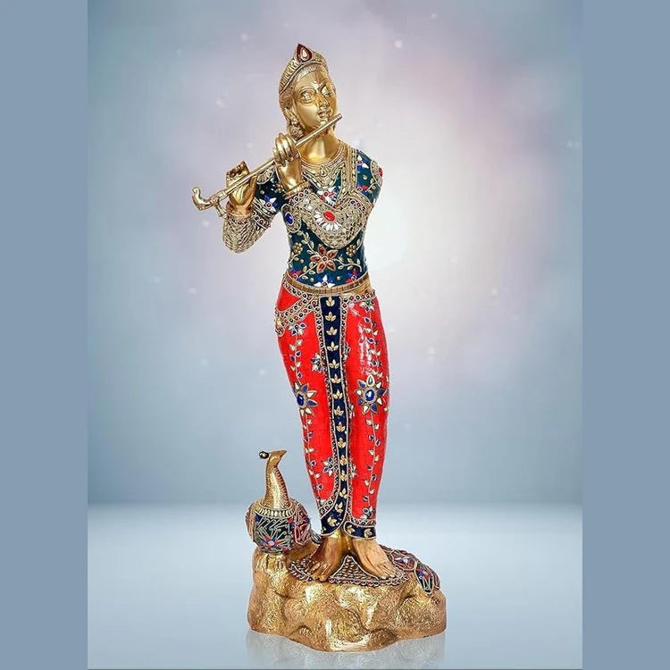 Brassaura® Brass Krishna Statue with Peacock | 29 Inch Large Lord Krishna Idol