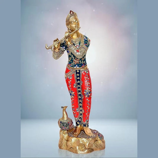 Brassaura® Brass Krishna Statue with Peacock | 29 Inch Large Lord Krishna Idol