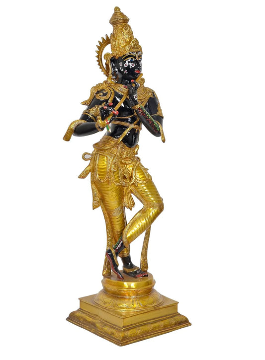 Brassaura® Brass Krishna Playing Flute Idol | 35 Inch Multicolor Lord Krishna Statue | Handcrafted Brass Murti for Home & Temple