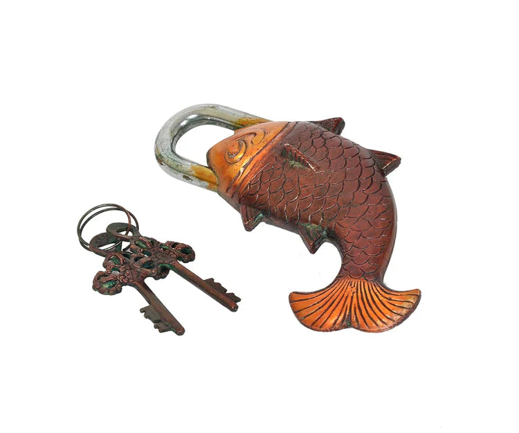 Brassaura® Fish Shape Brass Door Lock | Multicolor Handcrafted Finish | Height 7 Inches