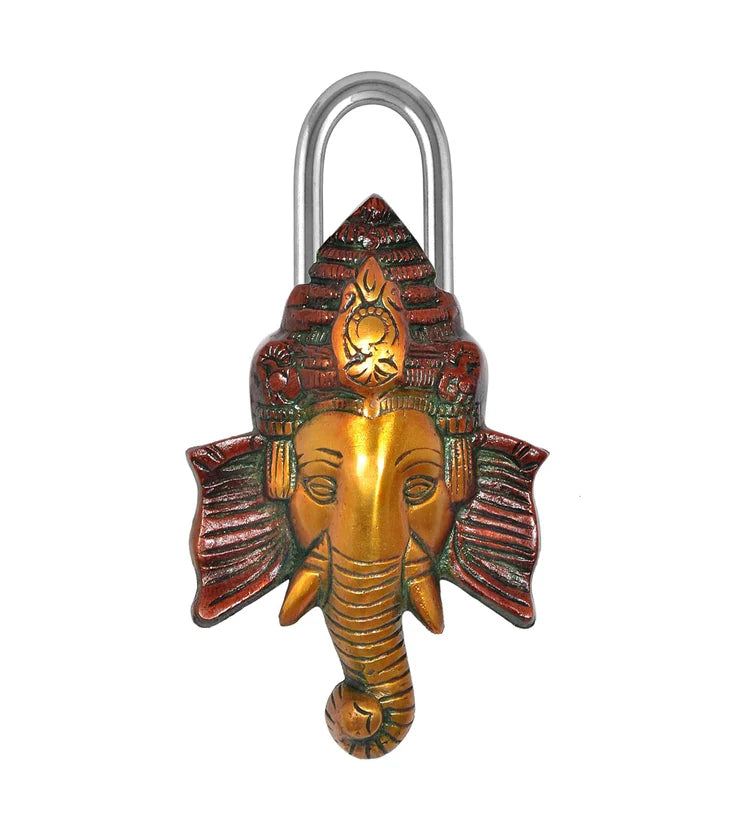 Brassaura® Lord Ganesha Face Brass Door Lock | Multicolor Handcrafted Finish | Height 8 Inches