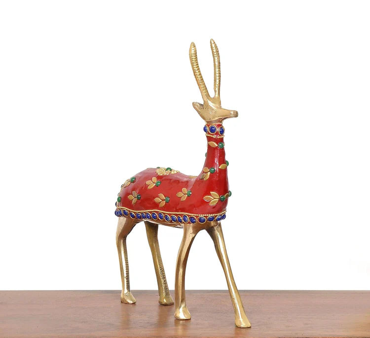 Brassaura® Multicolor Brass Deer Statue | Handcrafted Decorative Deer Showpiece | Height 9 Inches & Weight 800 gms