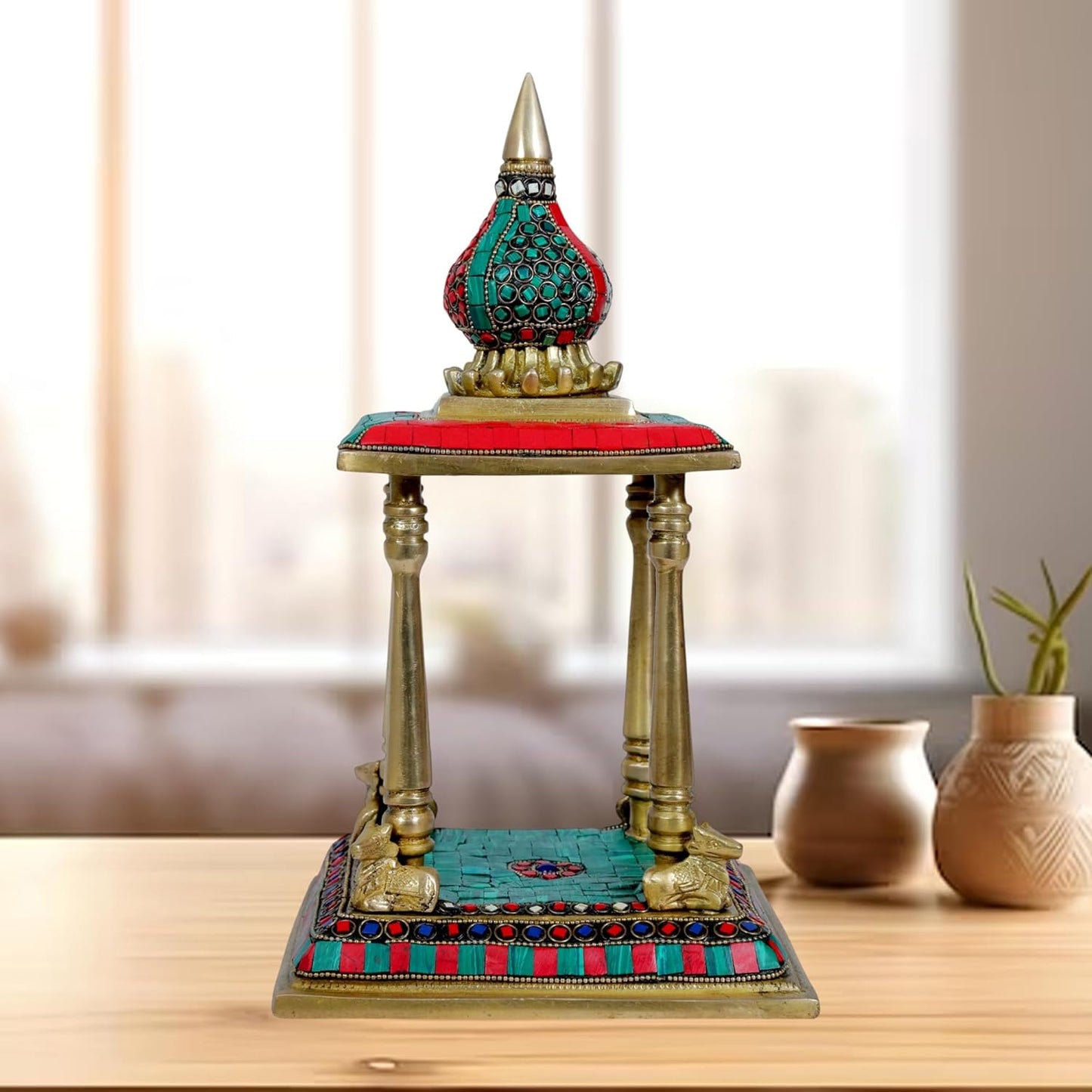 Brassaura™ Brass Gem Stone Work Temple Statue for Home and Decor Show Piece for Living Room Handmade Brass Mandir Modern Artwork For Home Entrance And Good Luck Diwali Gift Height 36 cm Weight 4.24 Kg