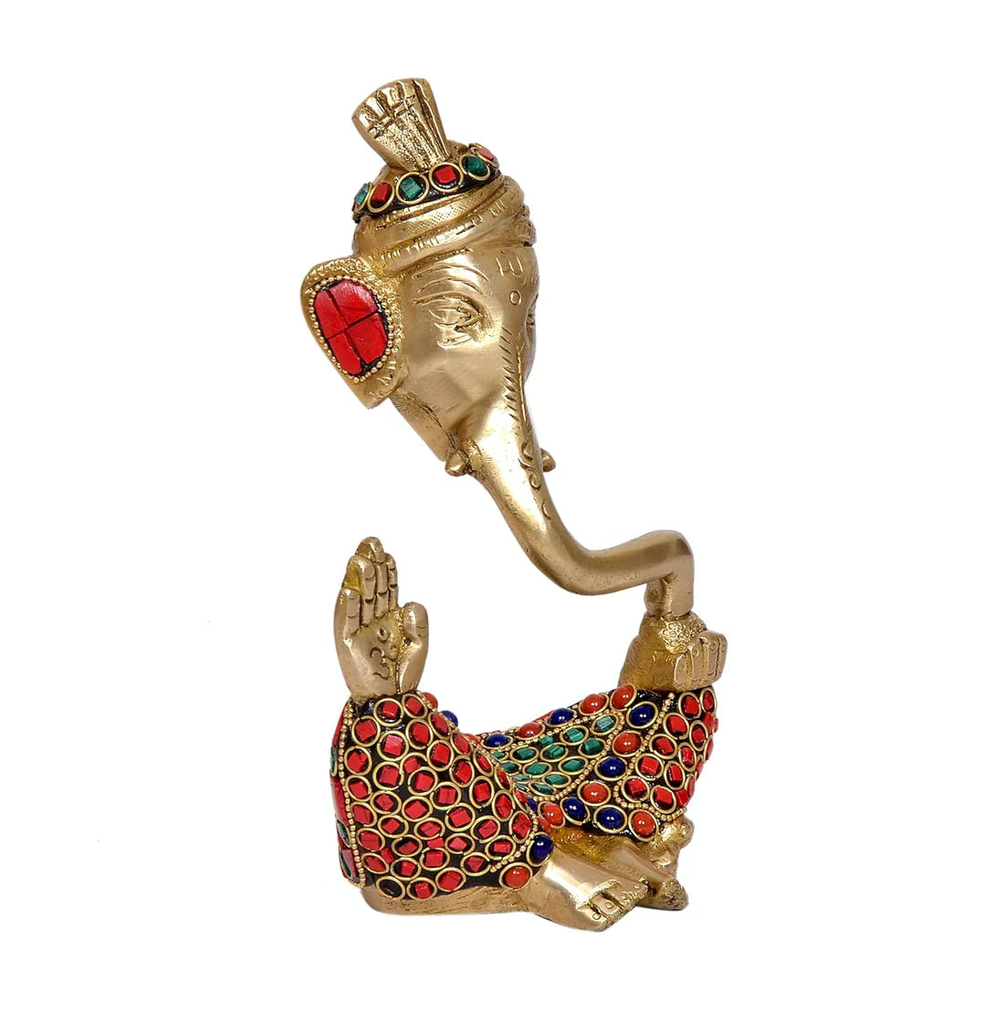 Brassaura® Modern Ganesha Safa Brass Idol with Stone Work | Decorative Spiritual Showpiece | Height 7 Inches