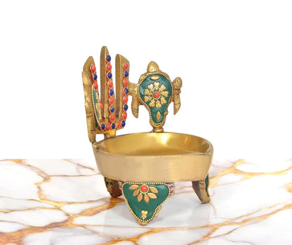 Brassaura® Brass Shankh Chakra Naama Diya | Height 5 Inches