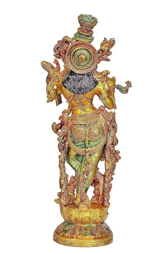 Brassaura® Brass Radha Krishna Statue Pair | 13.5 Inch Multicolor Idols | Handcrafted Brass Murti Set for Home & Temple