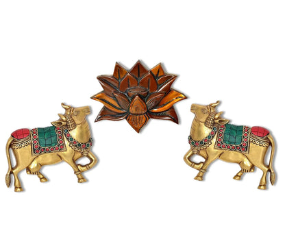 Brassaura® Brass Kamdhenu Cow Wall Hanging with Lotus | Height 5 Inches