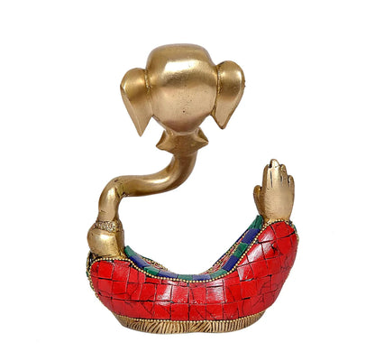 Brassaura® Modern Ganesha Brass Idol with Multicolor Stone Work | Artistic Home Décor Showpiece | Height 6 Inches