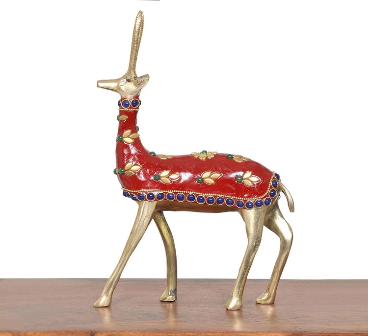 Brassaura® Multicolor Brass Deer Statue | Handcrafted Decorative Deer Showpiece | Height 9 Inches & Weight 800 gms