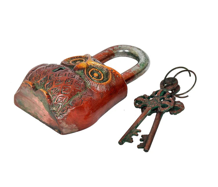 Brassaura® Owl Shape Brass Door Lock | Multicolor Handcrafted Finish | Height 4.5 Inches