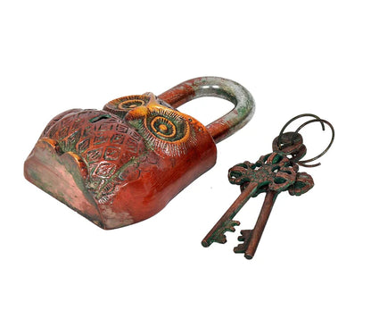 Brassaura® Owl Shape Brass Door Lock | Multicolor Handcrafted Finish | Height 4.5 Inches