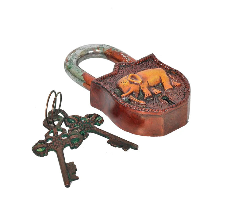 Brassaura® Elephant Motif Brass Door Lock | Multicolor Handcrafted Finish | Height 4.5 Inches