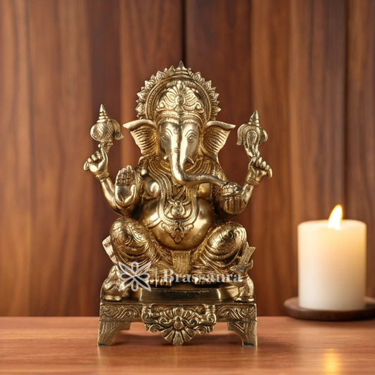 Brassaura™ Brass Chowki Ganesha Idol for Home and Decor | Weight 5.6 Kgs | Height 11 Inches