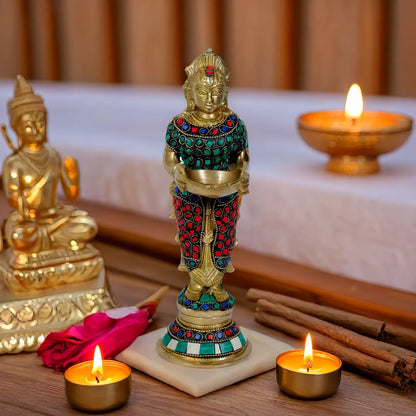 Brassaura™ Brass Gem Stone Work Laxmi Idol – Height 11.2 Inches & Weight 1.75 Kgs | Puja Room Hindu Murti