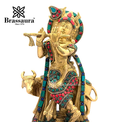 Brass Gem Stone Work Cow with Krishna Idol for Home and Decor Weight 3 Kg Height 25 cm