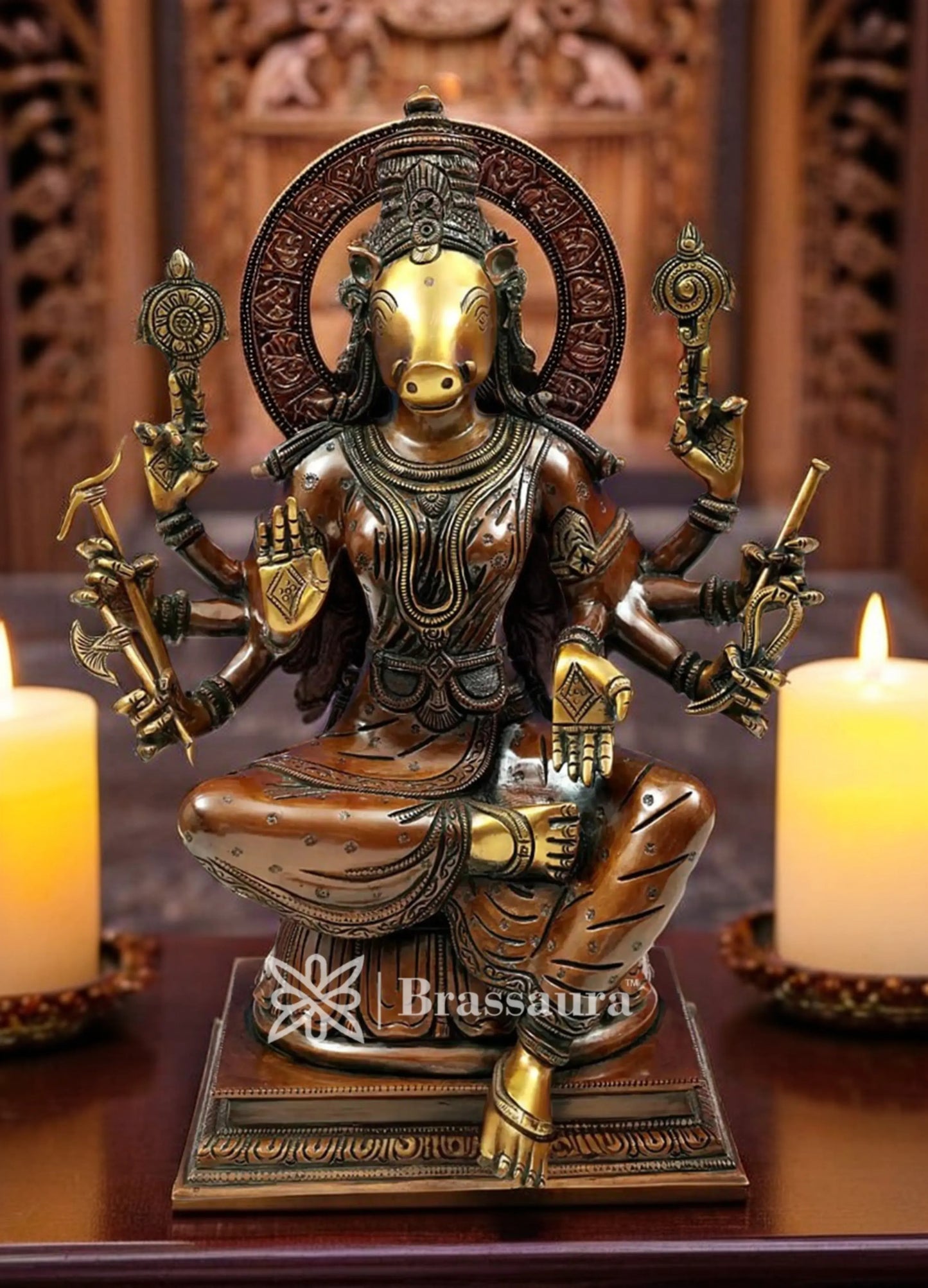 Brassaura™ Brass Varahi Idol – Height 14 Inches & Weight 6.5 Kgs | Meditation & Worship Space Accent