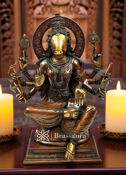 Brassaura™ Brass Varahi Idol – Height 14 Inches & Weight 6.5 Kgs | Meditation & Worship Space Accent