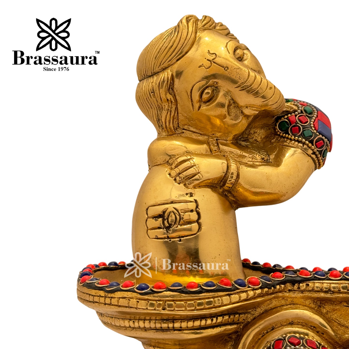 Brass Gem Stone Work Ganesha and Shivling Idol for Home and Decor Weight 4.7 Kg Height 20 cm