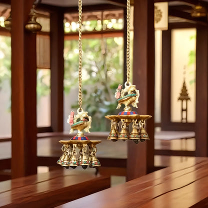 Brassaura™ Pair of Brass Hanging Peacock Diyas with Stonework – Height 6 Inches | Hanging Lamps with Bells & Chain, 2.5 Kgs
