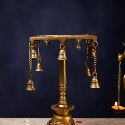 LARGE BRASS CHOWKI WITH BELL - 15 INCH PURE HANDCRAFTED POOJA STOOL