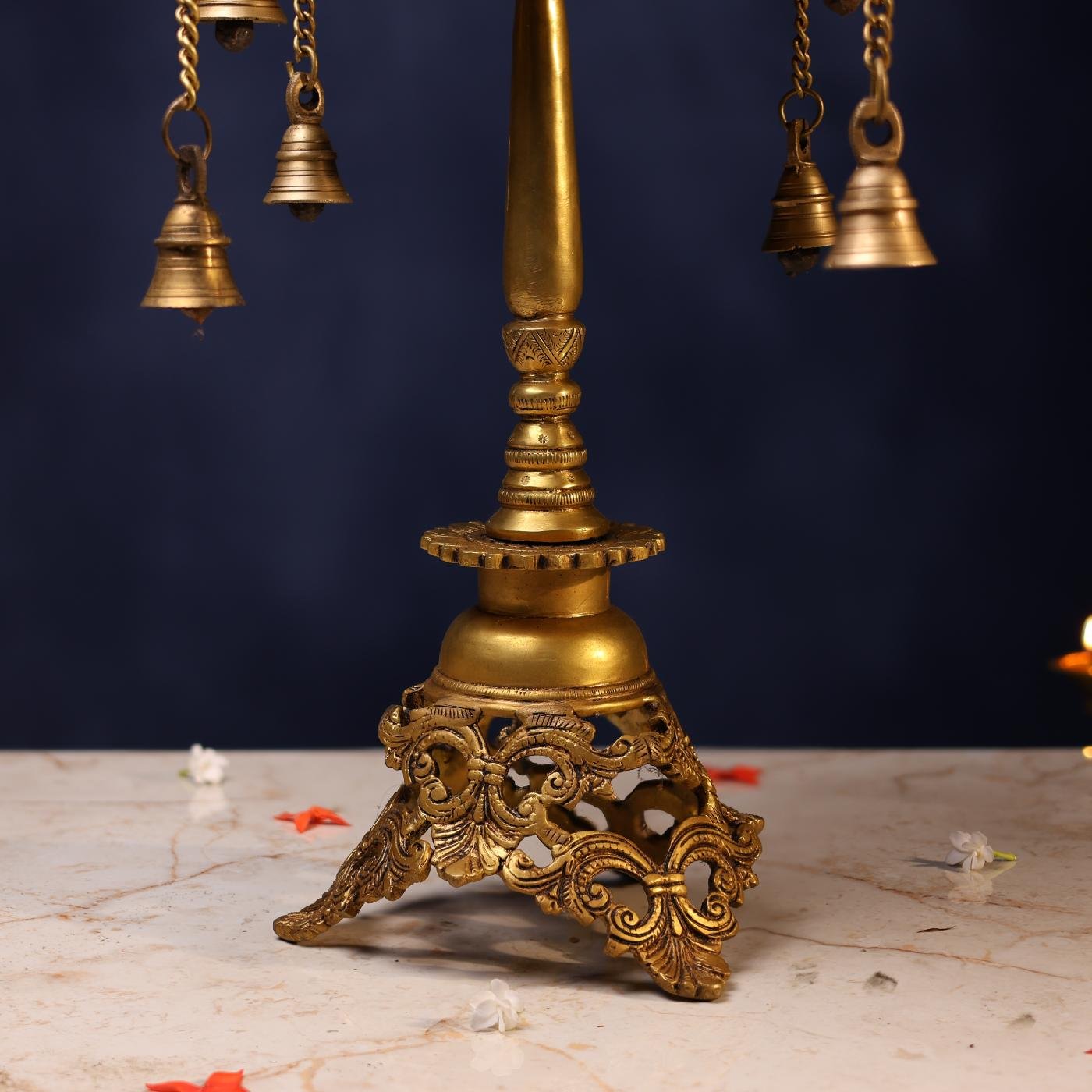 LARGE BRASS CHOWKI WITH BELL - 15 INCH PURE HANDCRAFTED POOJA STOOL