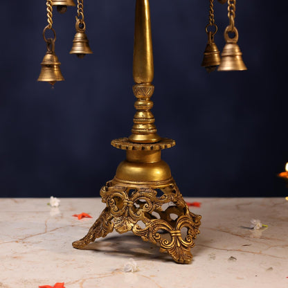LARGE BRASS CHOWKI WITH BELL - 15 INCH PURE HANDCRAFTED POOJA STOOL