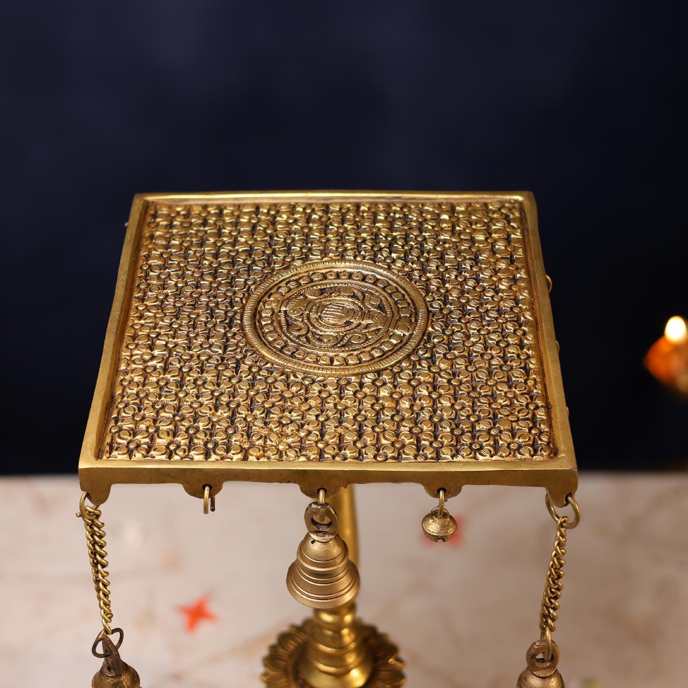 LARGE BRASS CHOWKI WITH BELL - 15 INCH PURE HANDCRAFTED POOJA STOOL