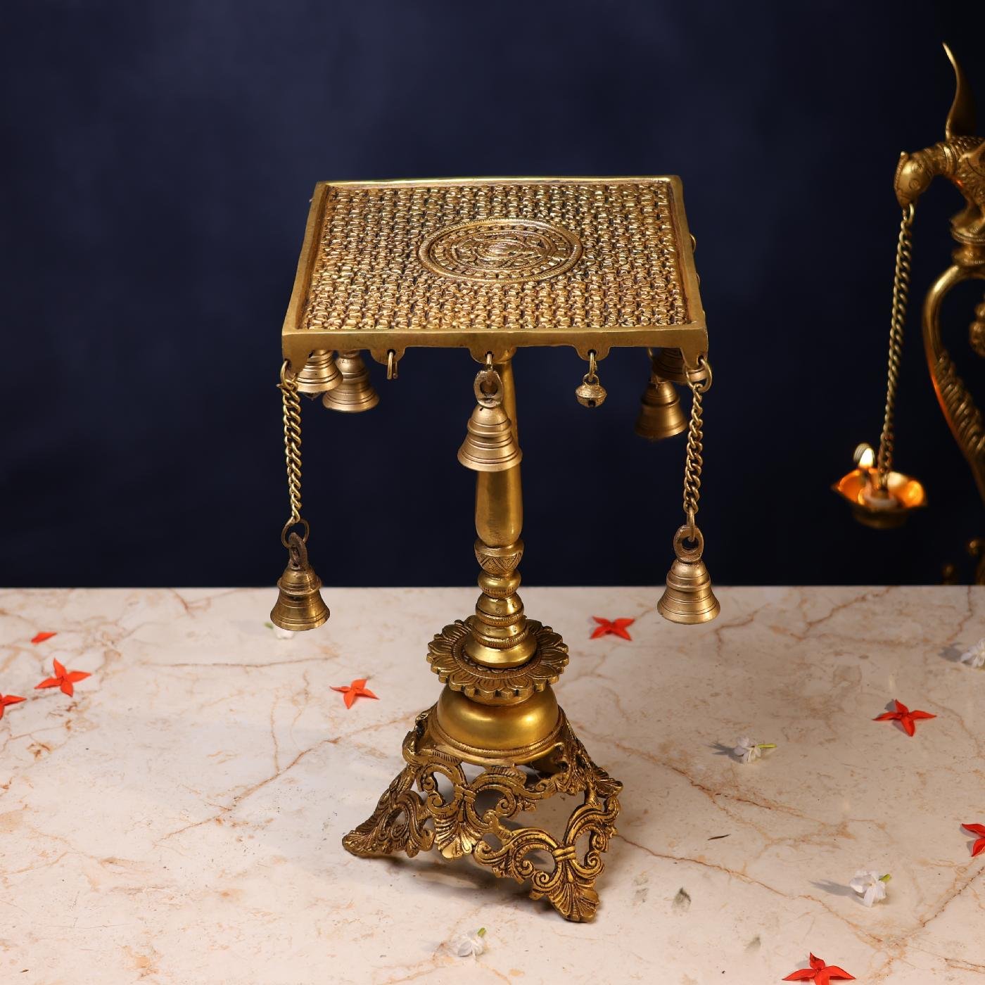 LARGE BRASS CHOWKI WITH BELL - 15 INCH PURE HANDCRAFTED POOJA STOOL