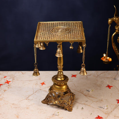 LARGE BRASS CHOWKI WITH BELL - 15 INCH PURE HANDCRAFTED POOJA STOOL