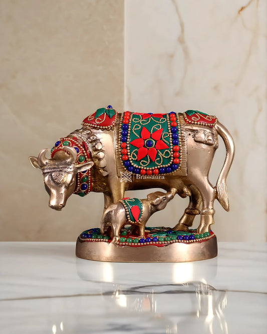 Brassaura™ Handcrafted Brass Kamdhenu Cow with Calf Idol | 3.8 Inches Height | 915g Weight | Symbol of Abundance & Blessings