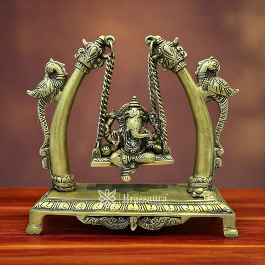 Brassaura™ Brass Ganesha Jhula Idol for Home and Decor | Weight 3.1 Kgs | Height 9.5 Inches